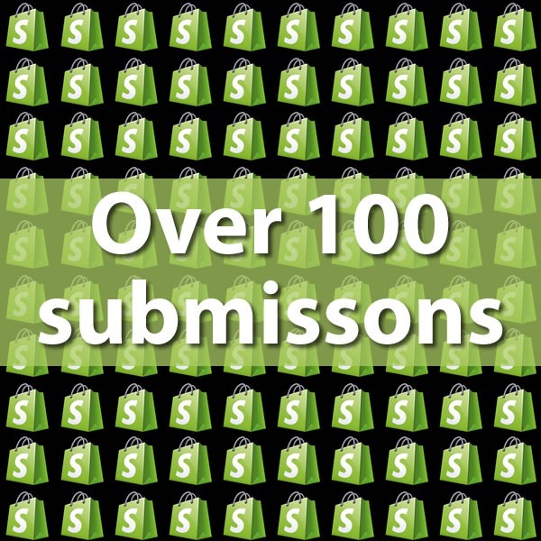 "Over 100 Submissions": graphic featuring 100 Shopify "bag" logos