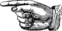 Woodcut artwork of a hand pointing to the left