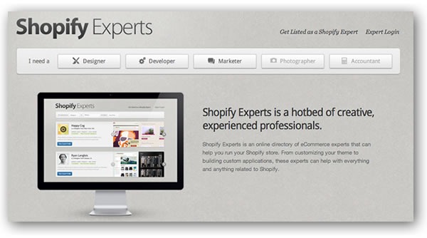 Screenshot of the "Shopify Experts" main page