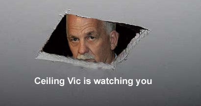 "Ceiling Vic is Watching You": Vic Toews peering at you through a hole in the ceiling