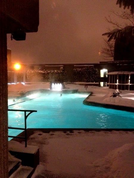 The Hilton Bonaventure's rooftop outdoor pool in winter, with steam rising from the water.