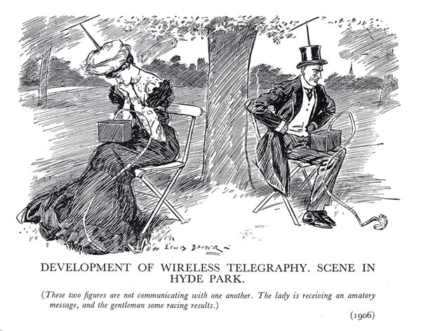 Old Punch comic from 1906, depicting a man and a woman sitting on chairs in a park and facing away from each other. Each has a box on his/her lap that is spitting out a stream of telegraph paper tape, which they read intently: "DEVELOPMENT OF WIRELESS TELEGRAPHY IN HYDE PARK: These two figures are not communicating with one another. The lady is receiving an amatory message, and the gentleman some racing results."