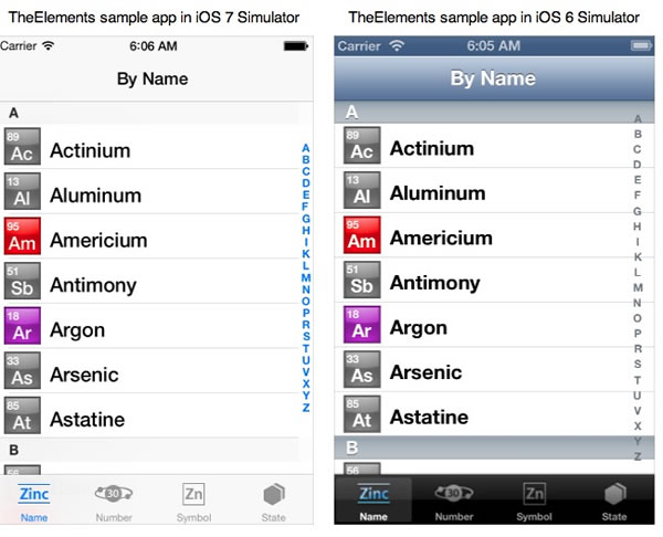 elements sample app in ios 6 and 7