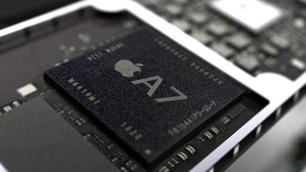 Apple's A7 chip, sitting on an iPhone 5S circuit board