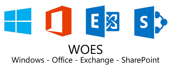 Icons for Windows, Office, Exchange, and SharePoint, captioned with 'WOES: Windows - Office - Exchange - SharePoint'