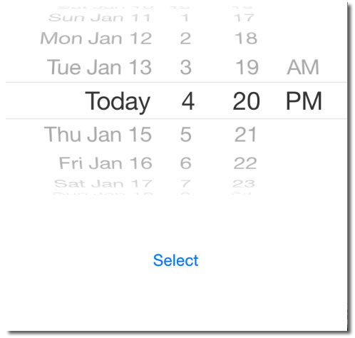 iOS app showing a date picker and a button labelled 'Select'. The selected date in the date picker is 'Today, 4:20 PM'