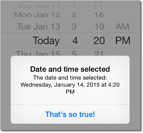 iOS app with date picker and button, overlaid with an alert showing the selected date as 'Wednesday, January 14, 2015 at 4:20 PM'