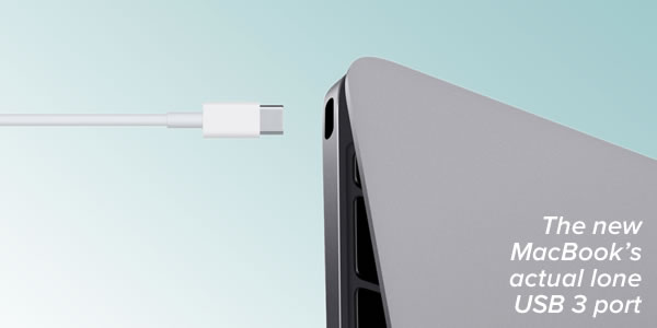Caption: The new MacBook's actual lone USB 3 port / Photo: USB 3 plug being plugged into a new MacBook.