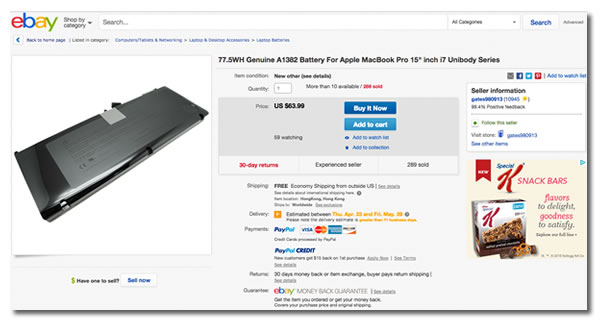 Screen capture: eBay page for an Apple A1382 laptop battery