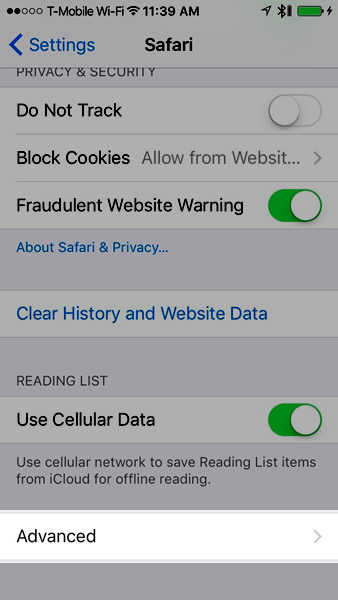 settings - safari - advanced
