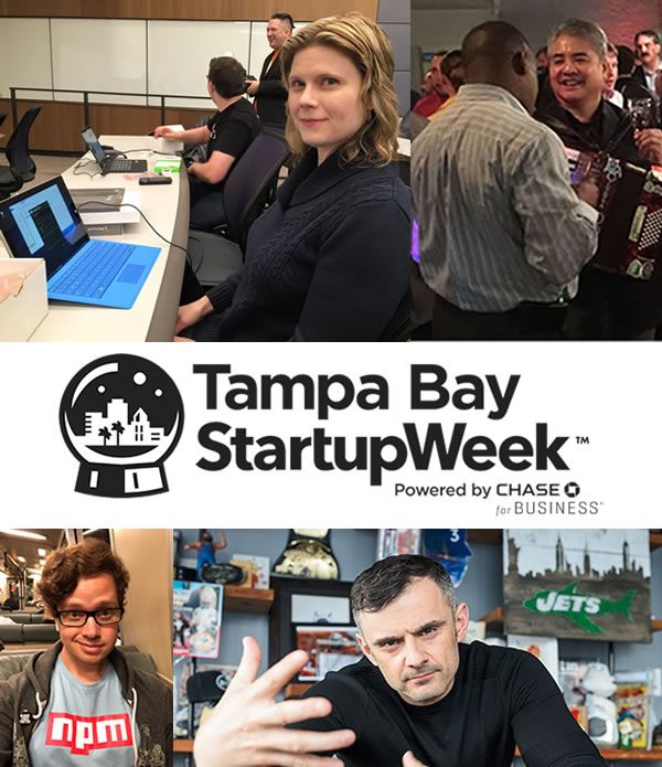 Tampa Bay Startup Week poster featuring Anitra Pavka, Joey deVilla, Laurie Voss, and Gary Vaynerchuk.