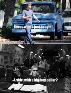 Photo 1: Zuckerberg in jeans a t-shirt, crossing the street, texting "Guess what I just bought". Photo 2: Hillary Clinton in Air Force One, texting: "A shirt with a big-boy collar?"