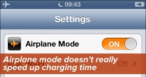 "Airplane mode doesn't really speed up charging time": Screen shot of iPhone's settings page with Airplane Mode on.