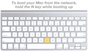Headline: To boot your Mac from the network, hold the N key while booting up / Photo: Mac keyboard with the "N" key highlighted.