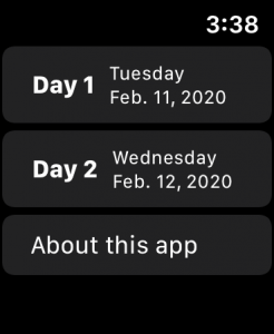 Screenshot of the home screen of “Big Event 2020”, showing buttons labeled “Day 1 - Tuesday, Feb. 11, 2020”, “Day 2 - Wednesday, Feb. 12, 2020”, and “About this app”