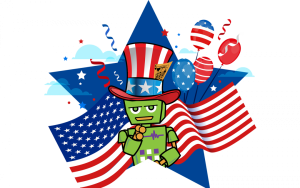 Mad Botter Fourth of July content icon (Mad Botter “Bot” dressed as Uncle Sam in front of American flags, fireworks, and balloons)