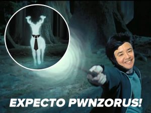 Photo: Harry Potter pointing his wand at his patronus, except Harry’s face has been crudely photoshopped with Joey deVilla’s, the patronus is wearing a tie, and the caption reads “EXPECTO PWNZORUS!”