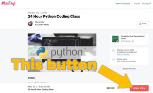 Screenshot: The Meetup page for the Python course, with the “Attend online” button highlighted.