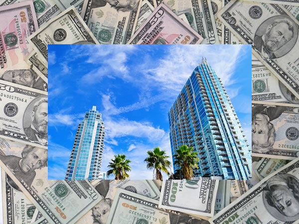 Photo: Tampa Bay scenery superimposed over a big pile of money