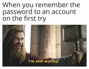 Meme: When you remember the password to your account on the first try, featuring Fat Thor holding his hammer and saying “I’m still worthy!”