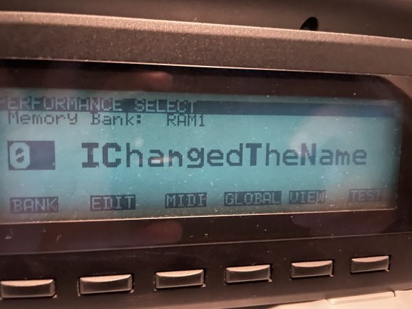 LCD display of Korg Wavestation A/D displaying the name of the currently selected sound with its updated name: “IChangedTheName”.