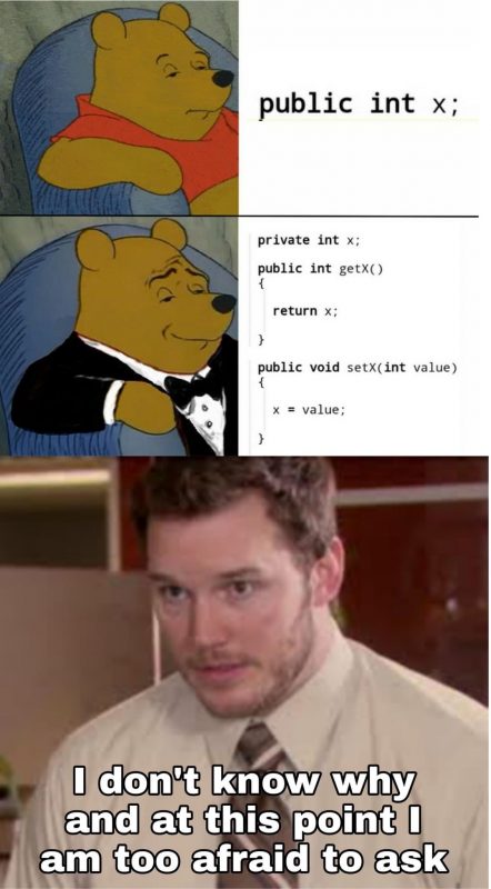 “Tuxedo Winnie-the-Pooh” meme, where plain Pooh simply declares “public int x” while tuxedo Pooh declares “private int x” and implements a getter and setter.