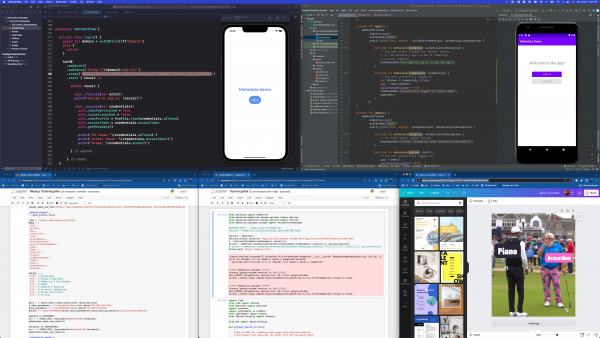 Screenshot from my work computer, showing windows for Xcode, Android Studio, two Jupyter Notebook windows, and a Canva window.