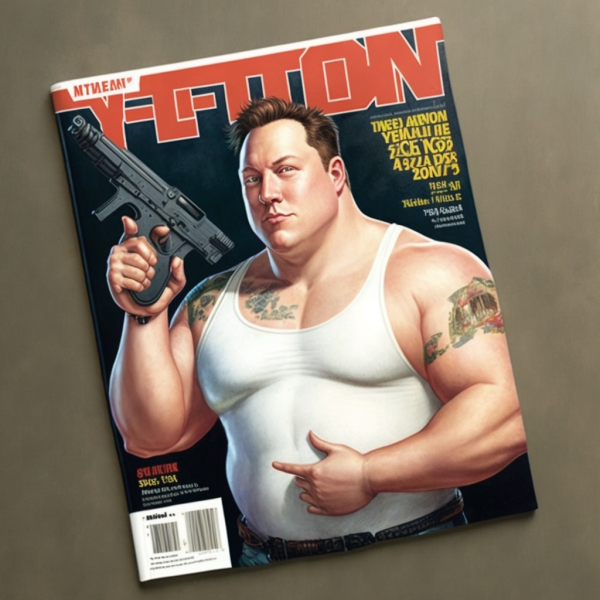 AI-generated picture of an illustartion of a magazine showing a tubby-yet-muscular Elon Musk holding a big gun. His gun hand appears to have 8 fingers.