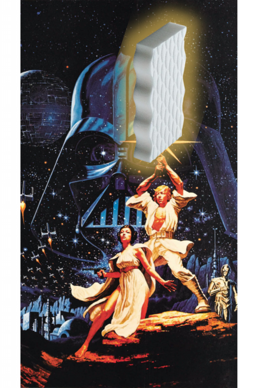 The original 1977 Star Wars poster, but with a Mr. Clean Magic Eraser sponge superimposed over Luke Skywalker's lightsaber.