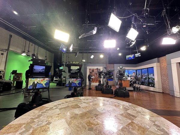 A view of the Fox 13 News Tampa studio, as seen from the interview table.