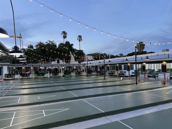 The shuffleboard courts at St. Petersburg Shuffleboard Club at sunset.