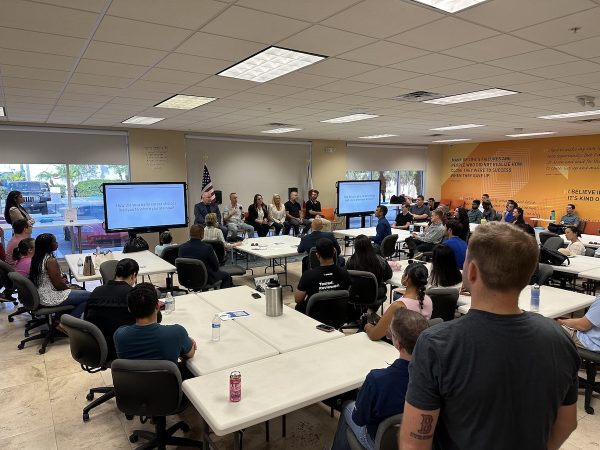 A wide shot of the main room of Tampa’s Entrepreneurial Collaborative Center, with the people attending Tampa Bay Techies’ “Breaking Into Tech” event.