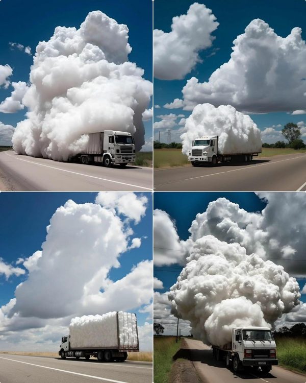 Pictures of transport trucks that appear to have clouds as their payload.