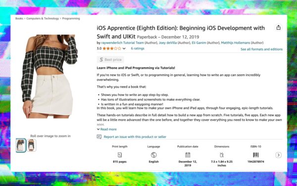 Amazon page for “iOS Apprentice (Eighth Edition),” co-authored by Joey de Villa. The book image is incorrect and shows a young woman modelling a crop-top and miniskirt outfit.